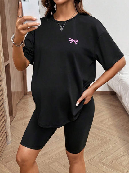2-Piece Maternity Bow Print Set – Casual T-Shirt & Shorts Summer Outfit