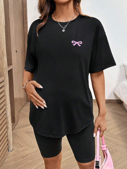 2-Piece Maternity Bow Print Set – Casual T-Shirt & Shorts Summer Outfit
