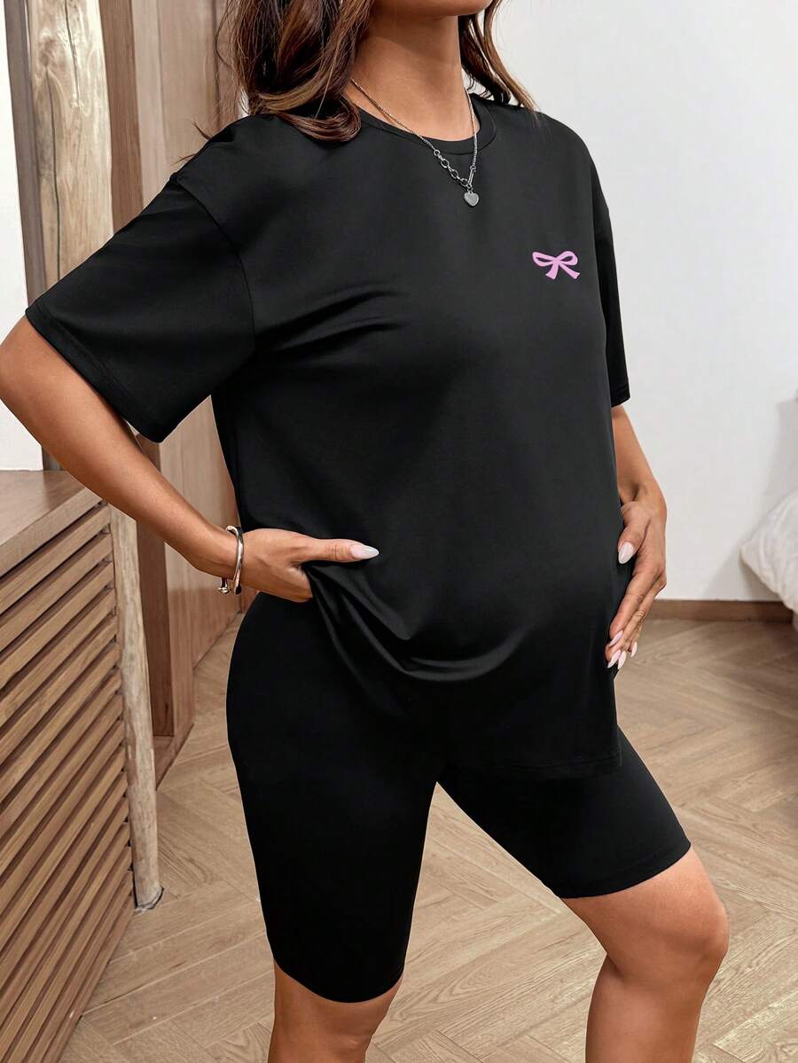 2-Piece Maternity Bow Print Set – Casual T-Shirt & Shorts Summer Outfit