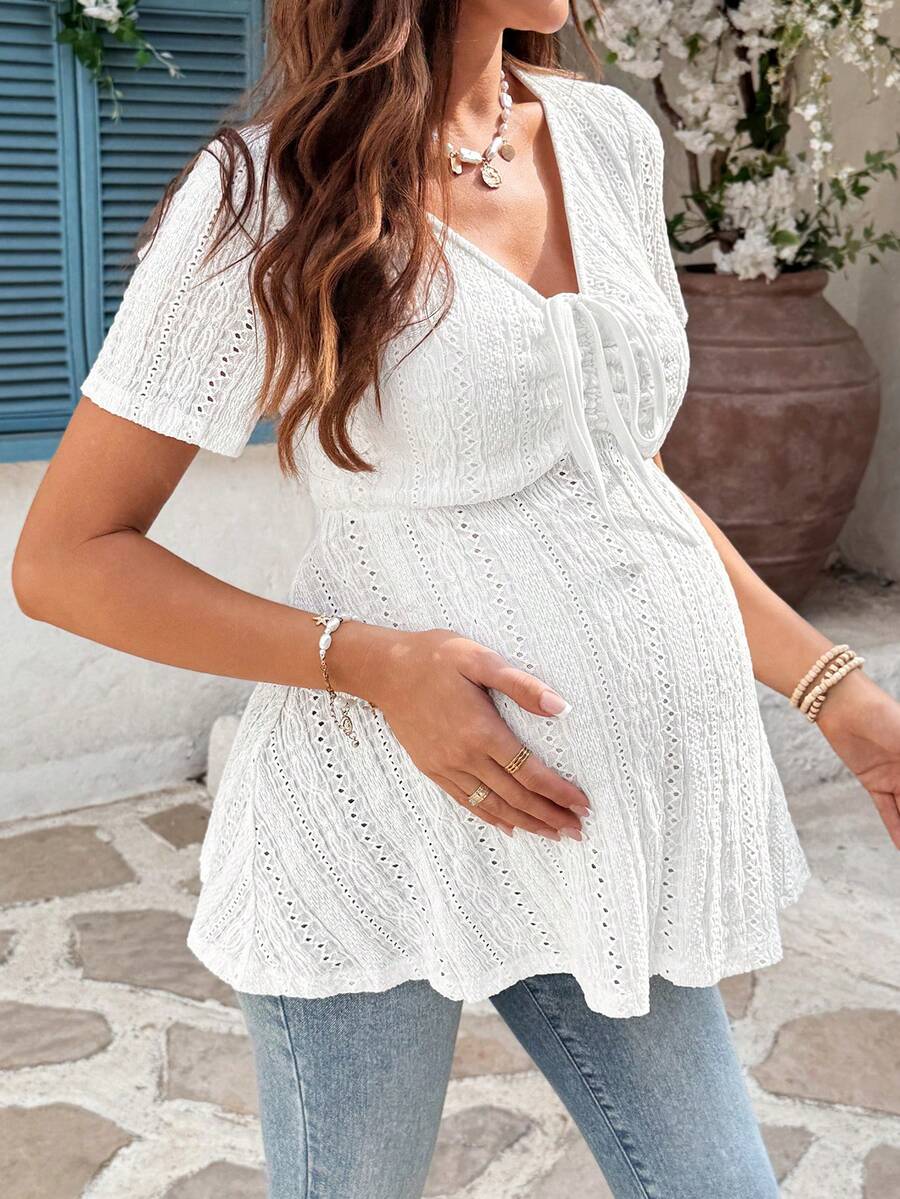 Maternity T-Shirt - Solid Color Front Tie Casual Short Sleeve Soft Stretch, Everyday Pregnancy