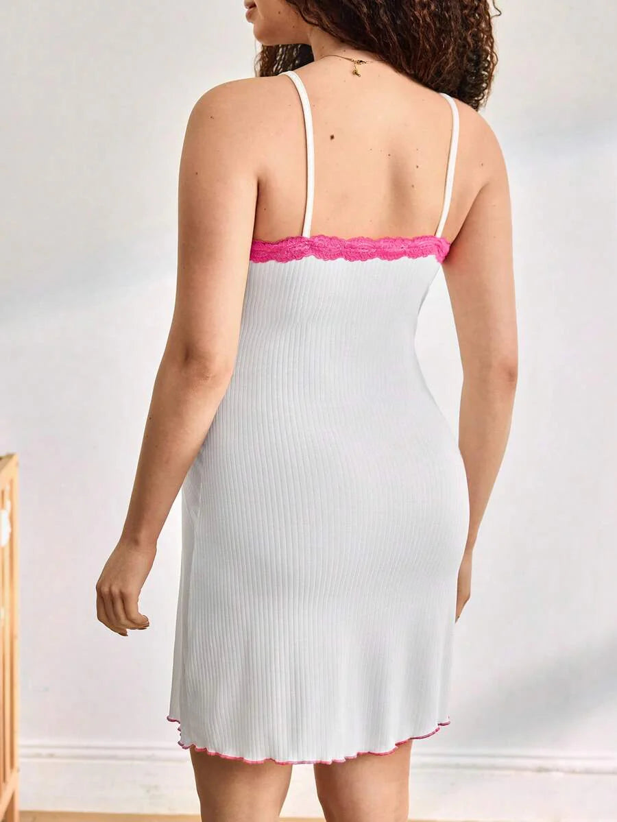 Maternity Camisole Nightgown - Contrast Lace Ribbed Soft Stretch Pregnancy Sleepwear, Nursing