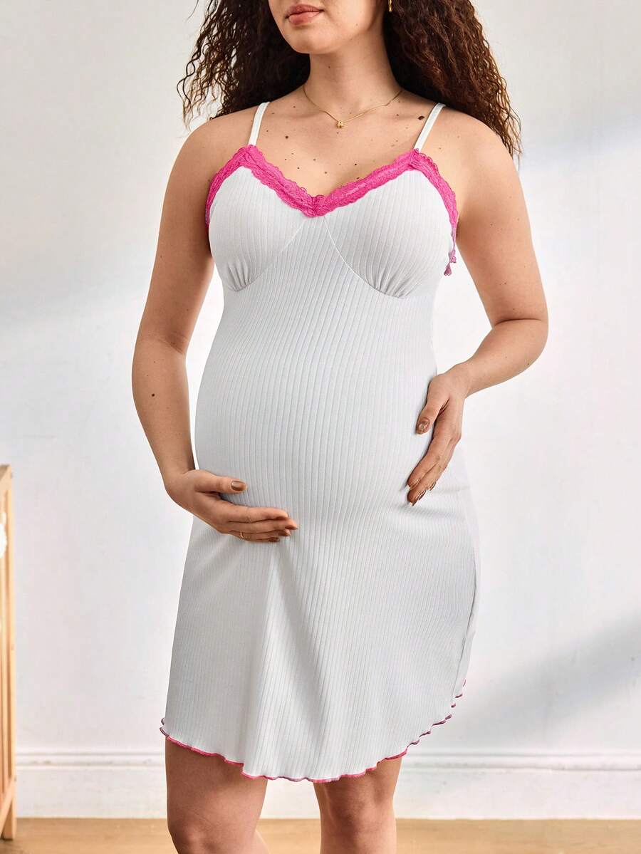Maternity Camisole Nightgown - Contrast Lace Ribbed Soft Stretch Pregnancy Sleepwear, Nursing