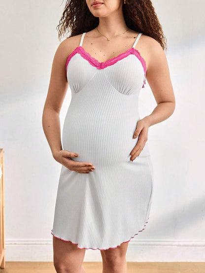 Maternity Camisole Nightgown - Contrast Lace Ribbed Soft Stretch Pregnancy Sleepwear, Nursing