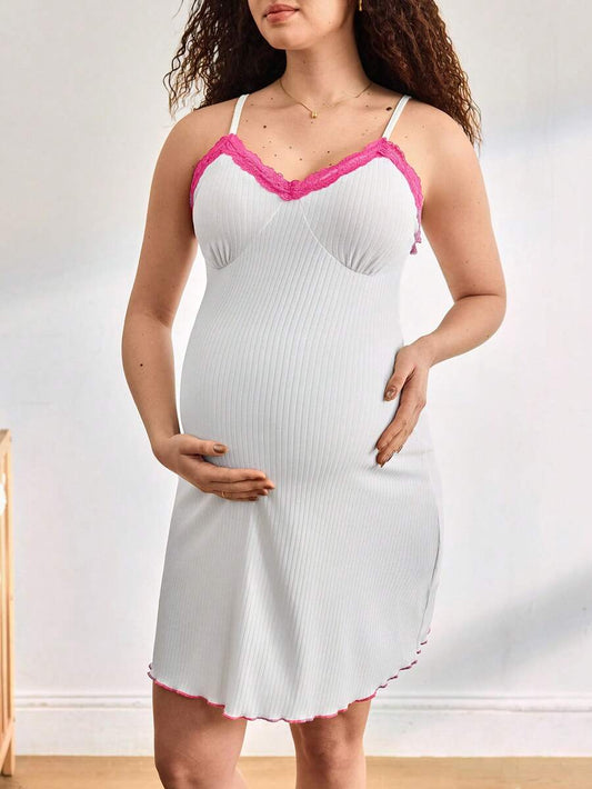 Maternity Camisole Nightgown - Contrast Lace Ribbed Soft Stretch Pregnancy Sleepwear, Nursing