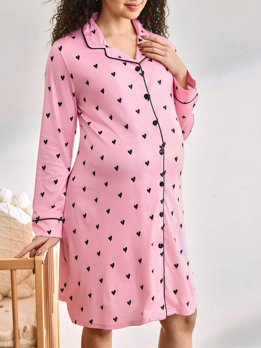 Maternity Heart Print Single Breasted Nightgown Women Casual Daily Wear Comfortable Sleepwear Nursing Dress