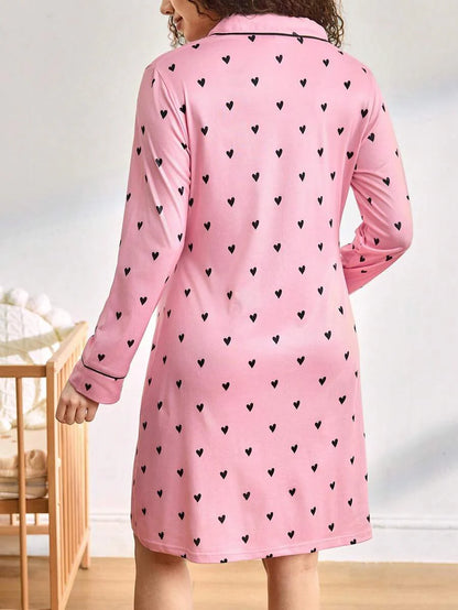 Maternity Heart Print Single Breasted Nightgown Women Casual Daily Wear Comfortable Sleepwear Nursing Dress