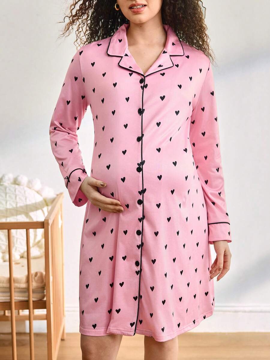 Maternity Heart Print Single Breasted Nightgown Women Casual Daily Wear Comfortable Sleepwear Nursing Dress