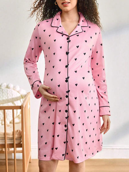 Maternity Heart Print Single Breasted Nightgown Women Casual Daily Wear Comfortable Sleepwear Nursing Dress