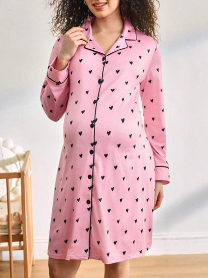 Maternity Heart Print Single Breasted Nightgown Women Casual Daily Wear Comfortable Sleepwear Nursing Dress