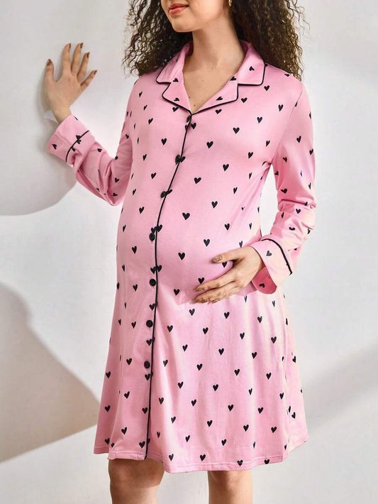 Maternity Heart Print Single Breasted Nightgown Women Casual Daily Wear Comfortable Sleepwear Nursing Dress