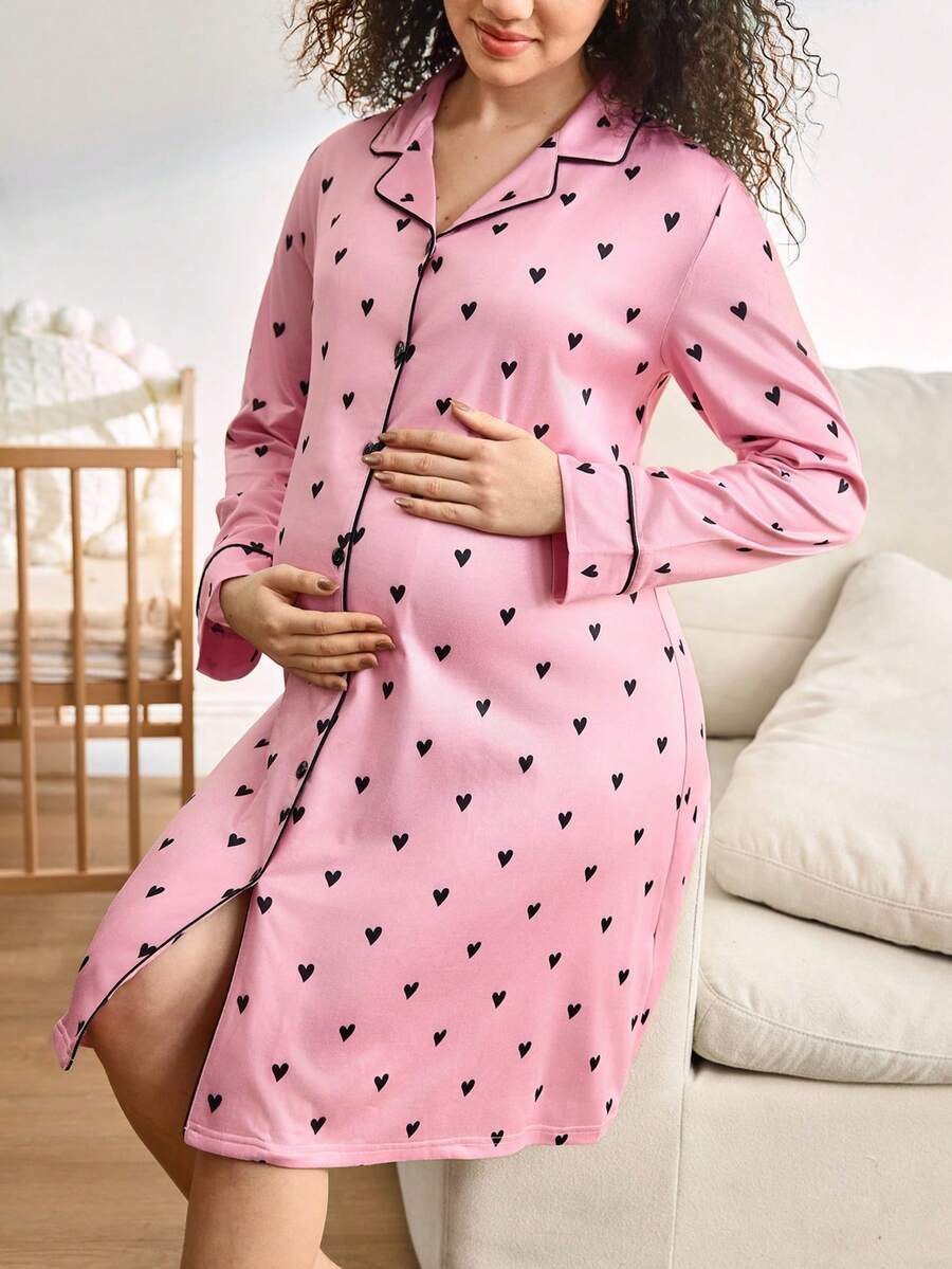 Maternity Heart Print Single Breasted Nightgown Women Casual Daily Wear Comfortable Sleepwear Nursing Dress
