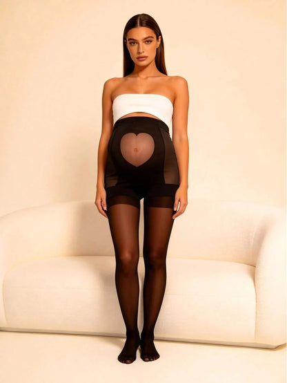 Maternity Heart Pattern Pantyhose - Black Semi-Sheer Fashionable Tights for Third Trimester Wedding and Holiday Outfits