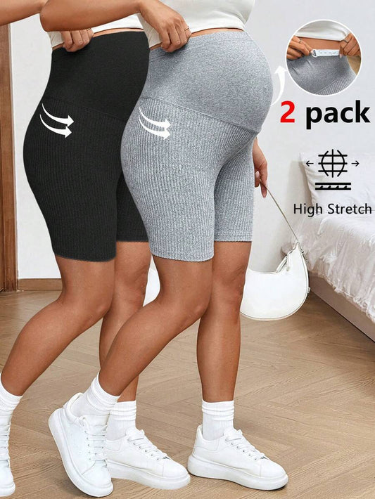 2-Pack Ribbed Maternity Biker Shorts in Coffee Brown – Ultra High Waist Slim Fit Athletic Yoga Shorts Set for Pregnancy & Postpartum