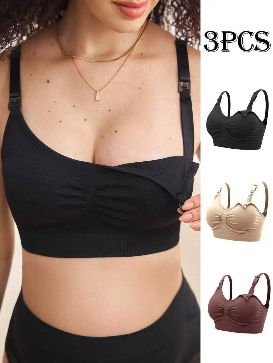 3PCS Maternity Nursing Bras Set Women Simple Solid Color Comfortable Breastfeeding Bra Set