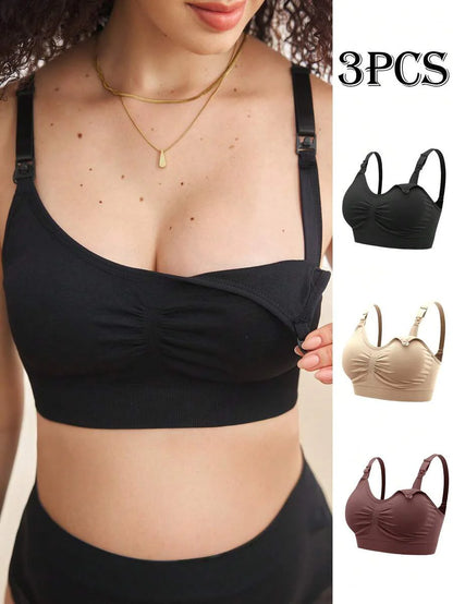 3PCS Maternity Nursing Bras Set Women Simple Solid Color Comfortable Breastfeeding Bra Set