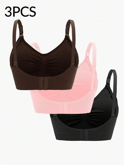 3PCS Maternity Nursing Bras Set Women Simple Solid Color Comfortable Breastfeeding Bra Set