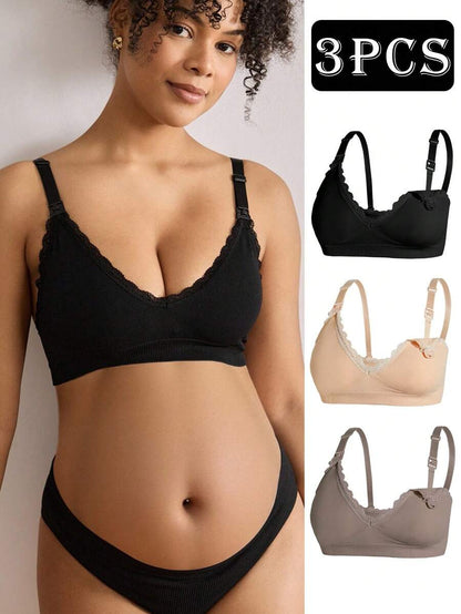 Maternity Nursing Bra Set 3 Pack - Seamless Solid Color Minimalist High Quality Breastfeeding