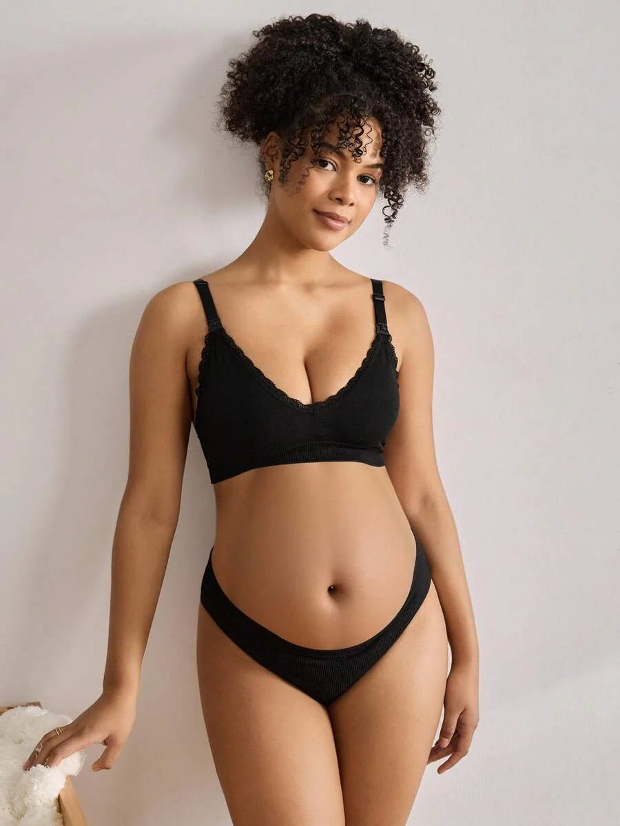 3pcs/Set Seamless Maternity Solid Color Contrast Lace Nursing Bras
