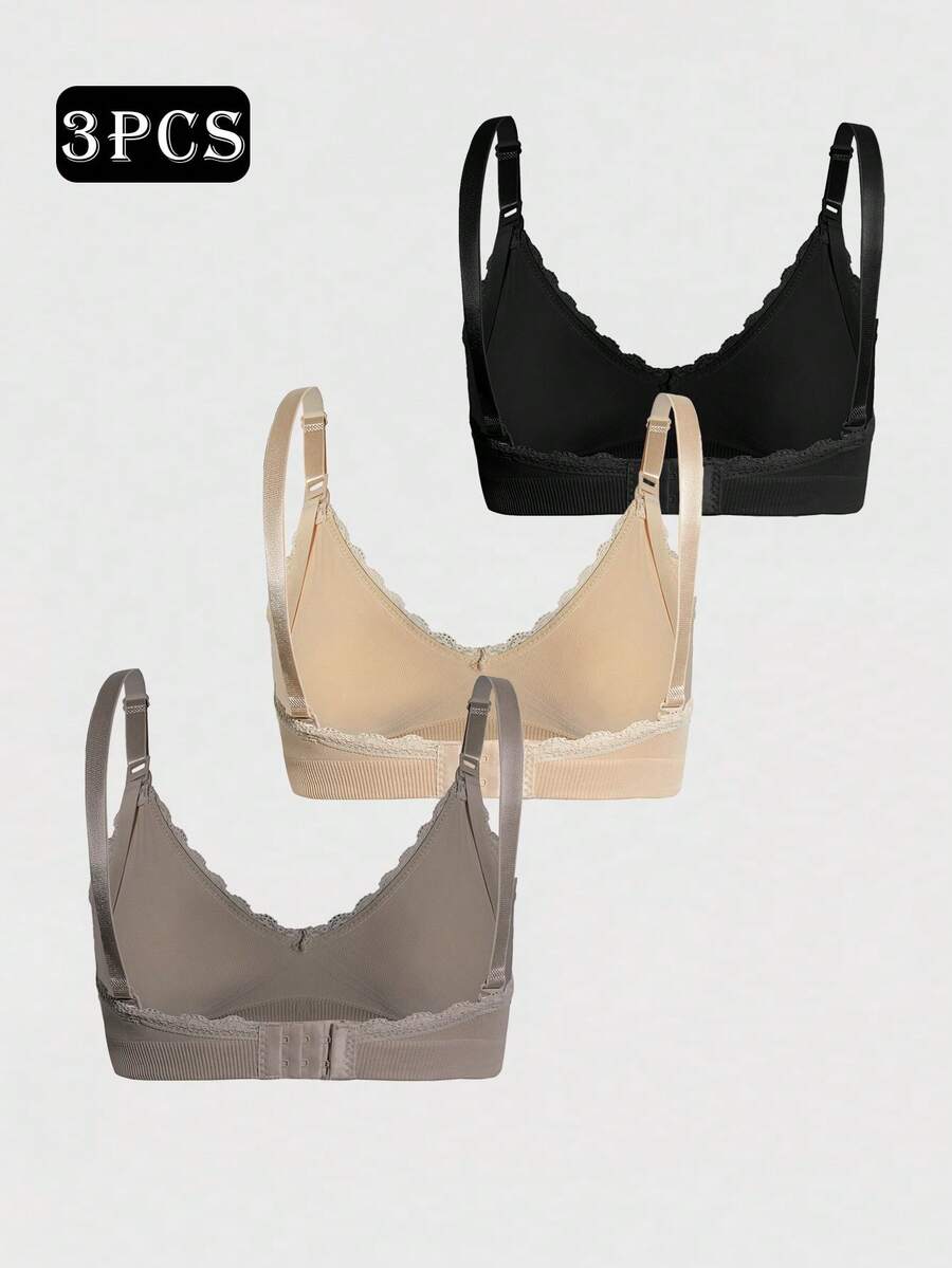 3pcs/Set Seamless Maternity Solid Color Contrast Lace Nursing Bras