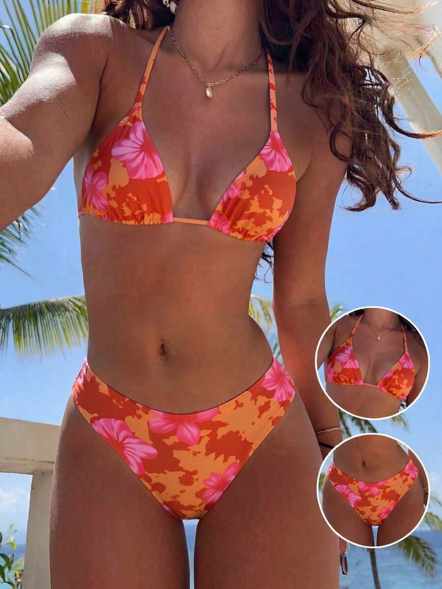 Swim Vcay 2026 Spring/Summer Women's Spaghetti Strap Halter Neck Black Base White Polka Dot Random Print Sweet Cute Side High Cut Bikini Swimwear 2-Piece Set Vacation Bikini Set Pink Bikini Set High Leg Bikini Set Modest Bikini Set Bikini Set