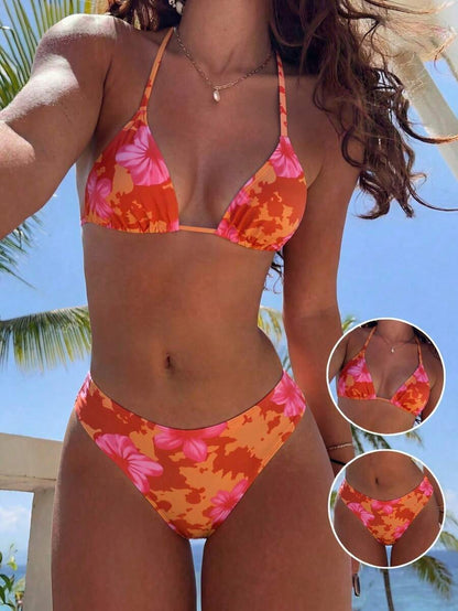 Swim Vcay 2026 Spring/Summer Women's Spaghetti Strap Halter Neck Black Base White Polka Dot Random Print Sweet Cute Side High Cut Bikini Swimwear 2-Piece Set Vacation Bikini Set Pink Bikini Set High Leg Bikini Set Modest Bikini Set Bikini Set
