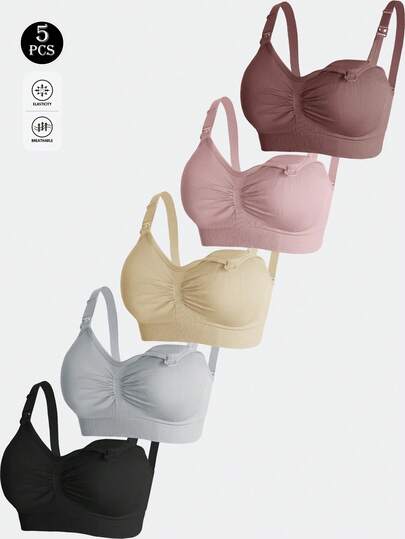 Maternity Nursing Bra Set 5 Pack - Nylon Seamless Front Clasp Wireless Breastfeeding, Pregnancy