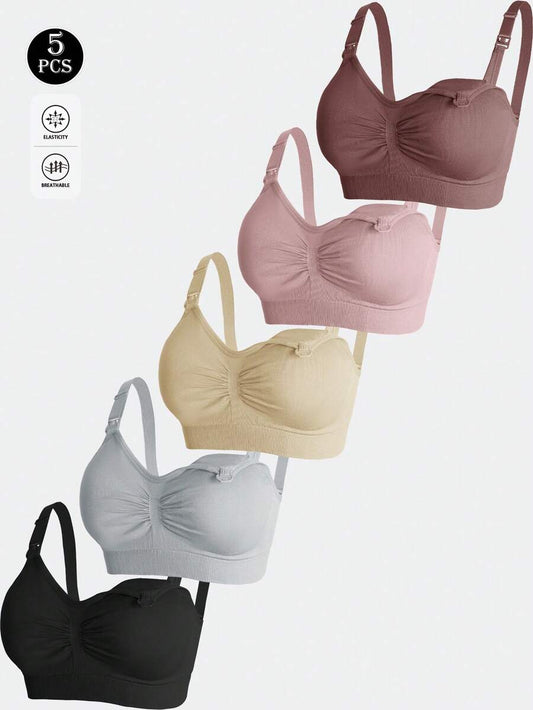 Maternity Nursing Bra Set 5 Pack - Nylon Seamless Front Clasp Wireless Breastfeeding, Pregnancy