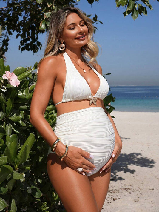 Maternity Halter Bikini Set - Solid Color Triangle Bottom Stretch Beach Pool Resort, Mom