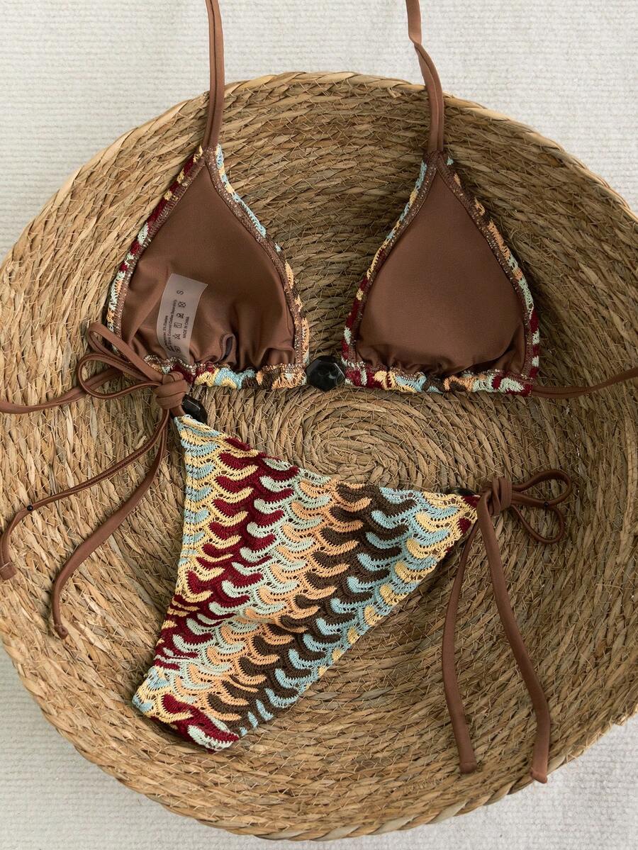 Swim Vcay 2026 Spring/Summer Green Special Fabric Women's Swimwear, Spaghetti Strap Halter Solid Color Sexy Side Tie Thong Bikini Two-Piece Swimwear Teal Bikini Tie Bikini Set Textured Bikini Triangle Bikini Triangle Bikini Set