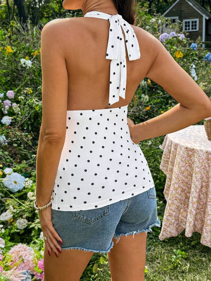 Polka Dot Halter Neck Maternity Top - Sexy Deep V Neck Sleeveless Summer Shirt for Pregnant Women - Slim Fit Black and White Maternity Outfit