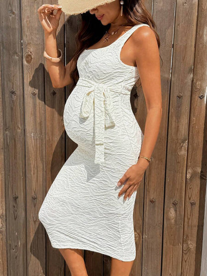 Off-White Boho Maternity Midi Dress - Textured Slim Fit Sleeveless Scoop Neck Dress for Country Concerts & Summer Vacations
