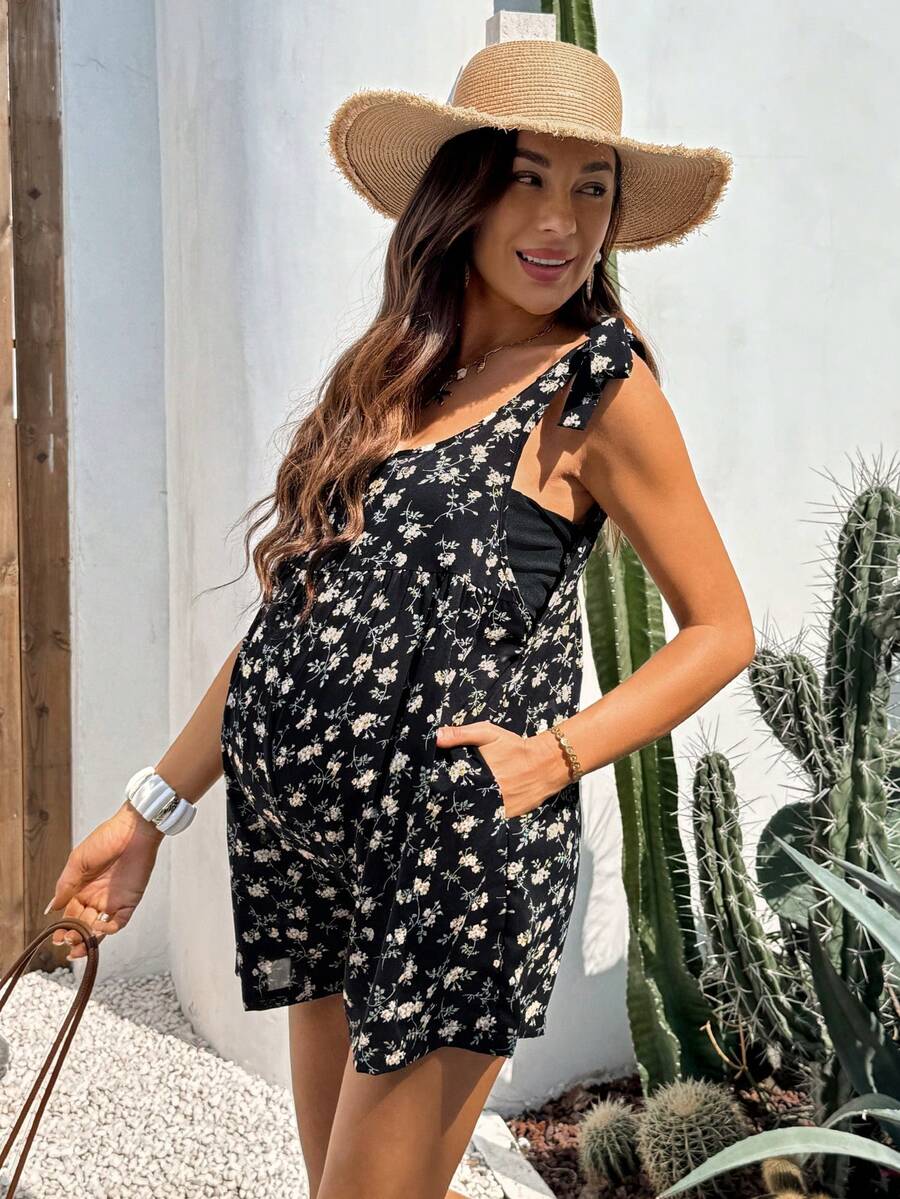 Black Floral Print Boho Maternity Jumpsuit - Sleeveless Scoop Neck High Waist Cami Romper for Summer Vacation and Casual Wear