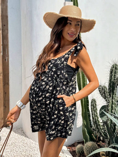 Black Floral Print Boho Maternity Jumpsuit - Sleeveless Scoop Neck High Waist Cami Romper for Summer Vacation and Casual Wear