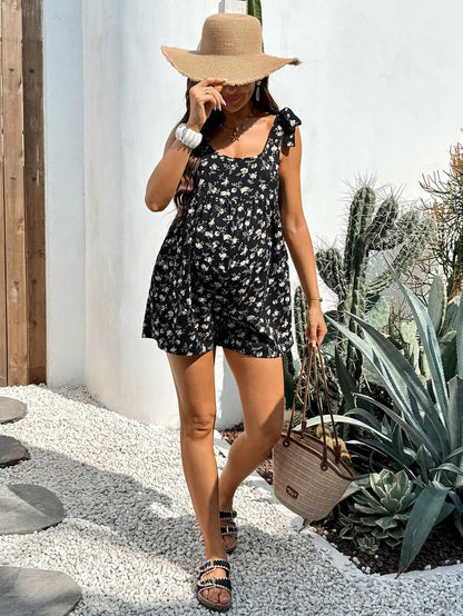 Black Floral Print Boho Maternity Jumpsuit - Sleeveless Scoop Neck High Waist Cami Romper for Summer Vacation and Casual Wear