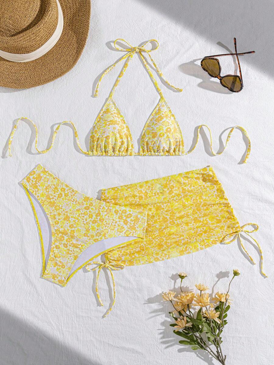 Women's 3-Piece Leopard Print Bikini Set - Halter Triangle Cup, Mesh Skirt, Tie Side, Multicolor