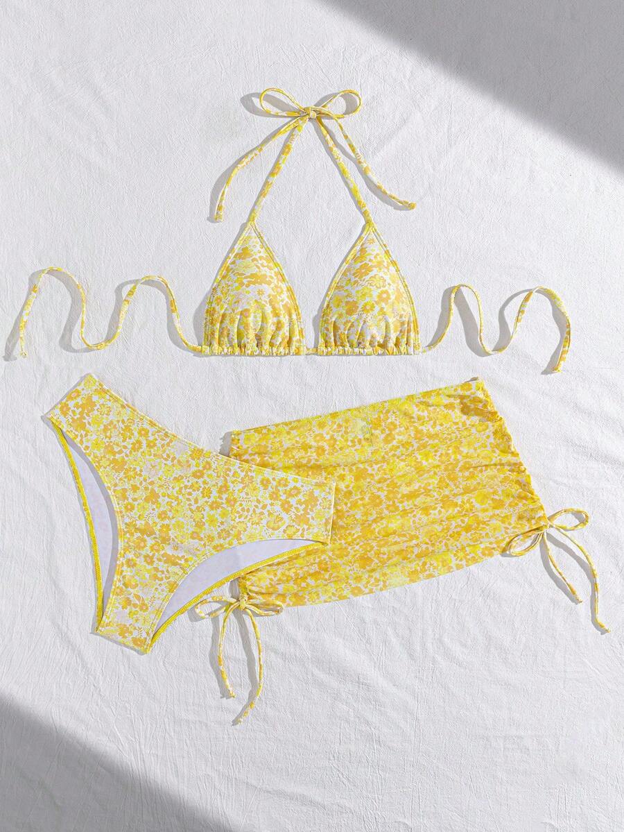 Women's 3-Piece Leopard Print Bikini Set - Halter Triangle Cup, Mesh Skirt, Tie Side, Multicolor