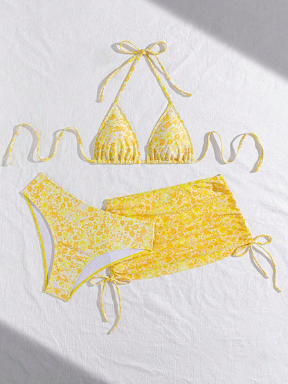 Women's 3-Piece Leopard Print Bikini Set - Halter Triangle Cup, Mesh Skirt, Tie Side, Multicolor