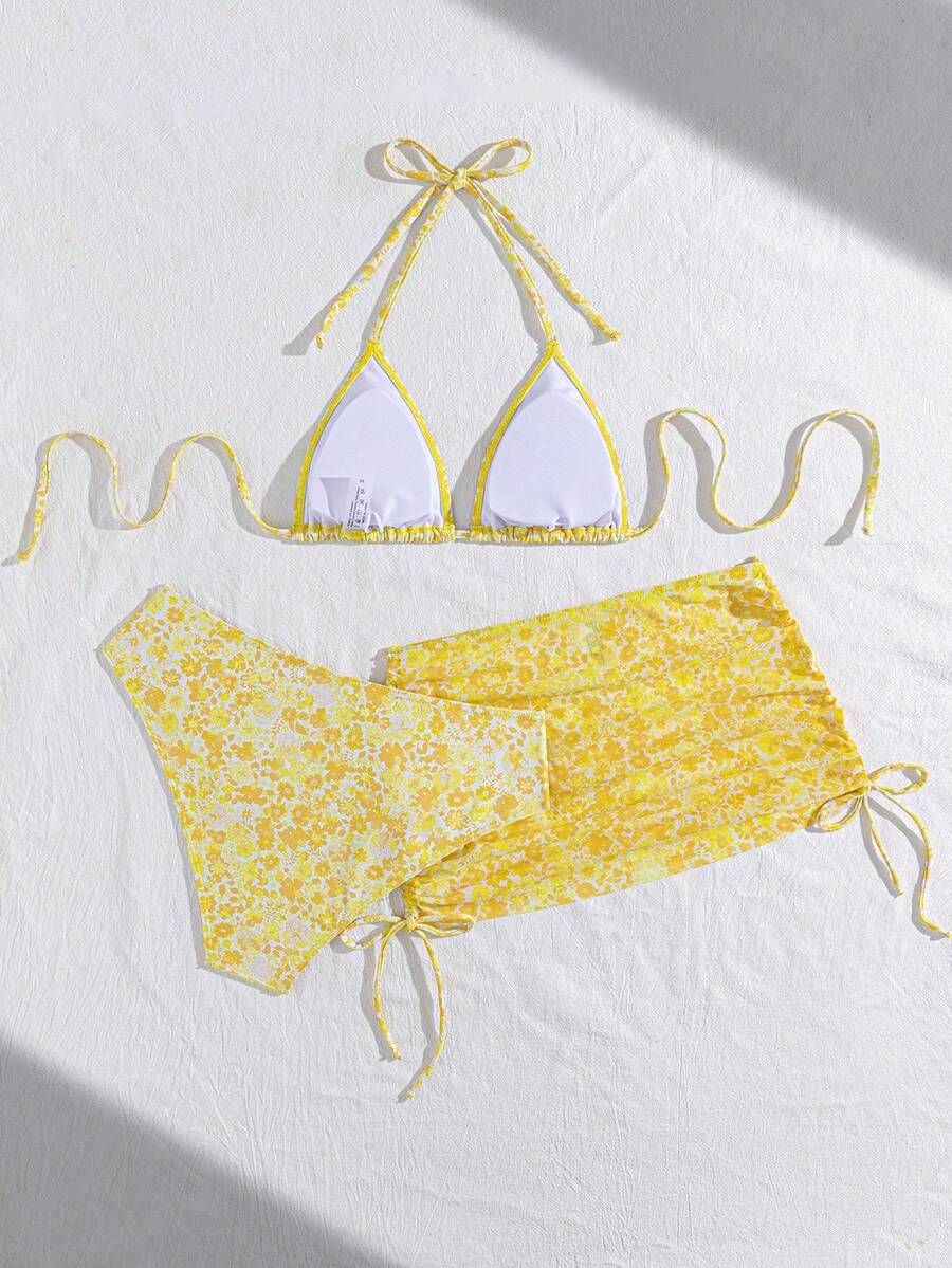 Women's 3-Piece Leopard Print Bikini Set - Halter Triangle Cup, Mesh Skirt, Tie Side, Multicolor
