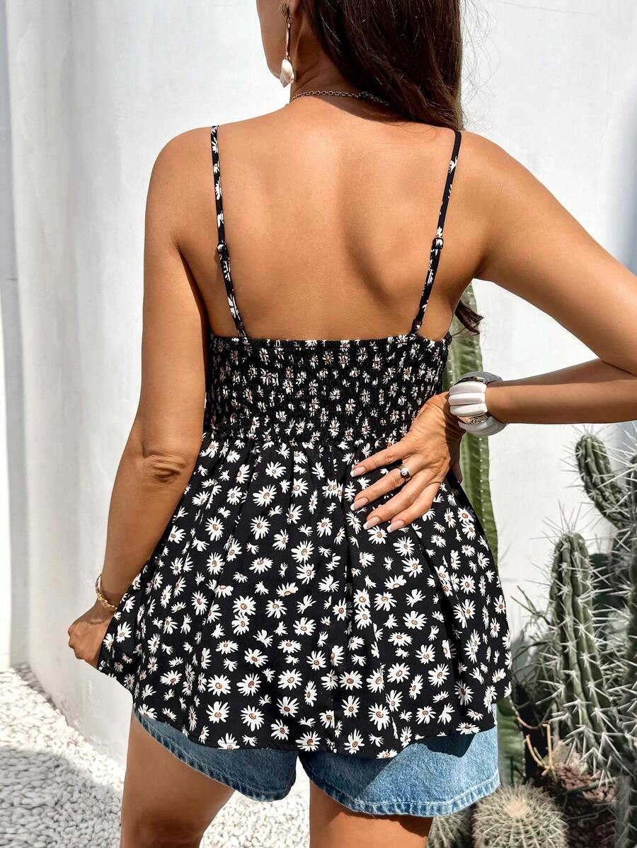 Black Daisy Print Backless Maternity Camisole - Boho Spaghetti Strap Flared Sundress for Country Concerts & Summer Beach