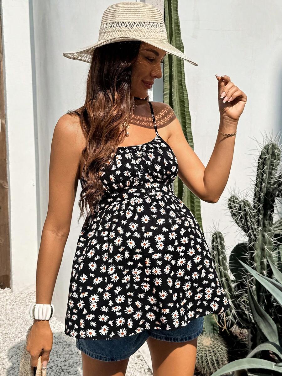 Black Daisy Print Backless Maternity Camisole - Boho Spaghetti Strap Flared Sundress for Country Concerts & Summer Beach