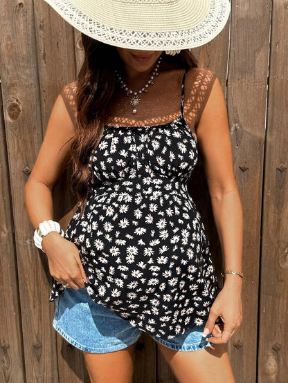 Black Daisy Print Backless Maternity Camisole - Boho Spaghetti Strap Flared Sundress for Country Concerts & Summer Beach