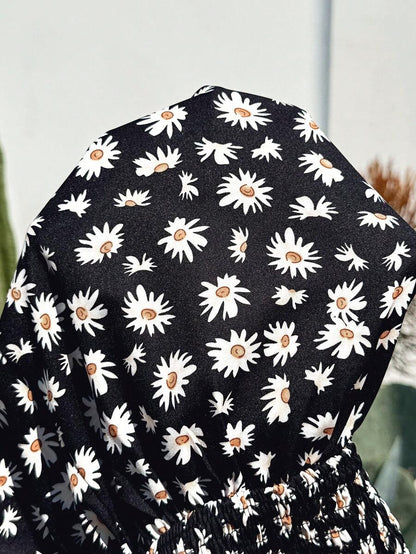 Black Daisy Print Backless Maternity Camisole - Boho Spaghetti Strap Flared Sundress for Country Concerts & Summer Beach