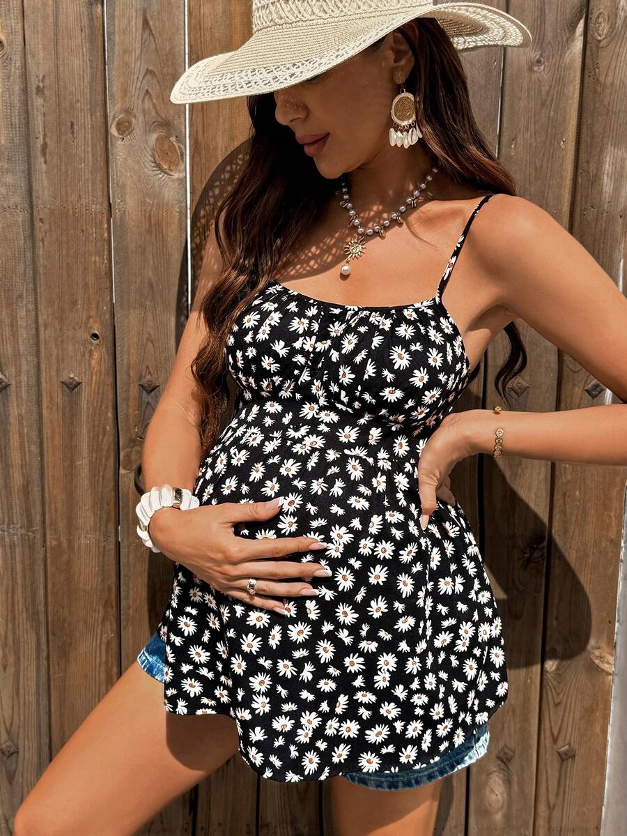 Black Daisy Print Backless Maternity Camisole - Boho Spaghetti Strap Flared Sundress for Country Concerts & Summer Beach