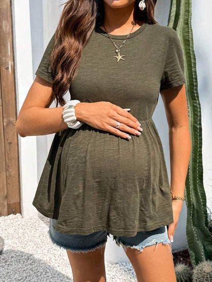 Army Green Cotton Maternity T-Shirt with Ruffle Hem - Short Sleeve Round Neck Summer Casual Top for Country Concert Outfits