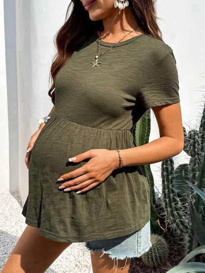 Army Green Cotton Maternity T-Shirt with Ruffle Hem - Short Sleeve Round Neck Summer Casual Top for Country Concert Outfits