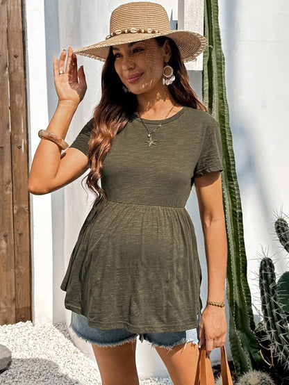 Army Green Cotton Maternity T-Shirt with Ruffle Hem - Short Sleeve Round Neck Summer Casual Top for Country Concert Outfits