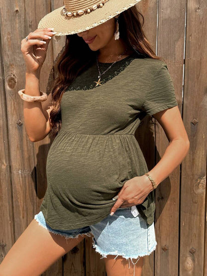 Army Green Cotton Maternity T-Shirt with Ruffle Hem - Short Sleeve Round Neck Summer Casual Top for Country Concert Outfits