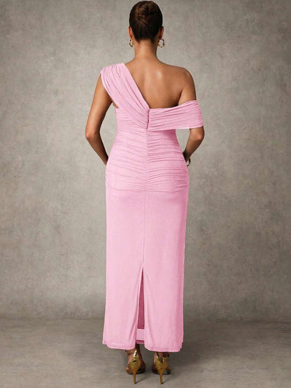 Elegant Solid Color Ruched Asymmetric Neck Slit Maternity Dress, Summer