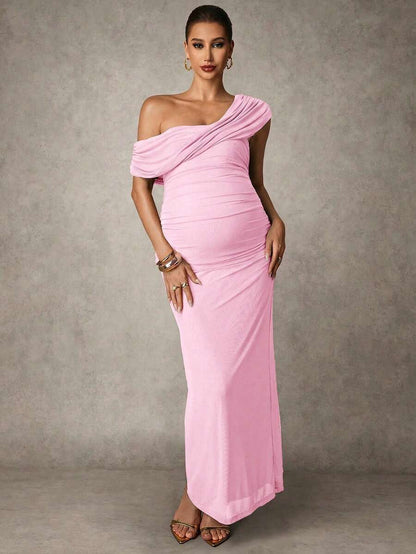 Elegant Solid Color Ruched Asymmetric Neck Slit Maternity Dress, Summer