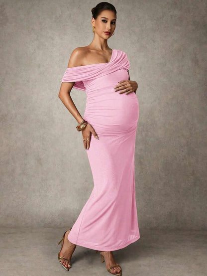 Elegant Solid Color Ruched Asymmetric Neck Slit Maternity Dress, Summer